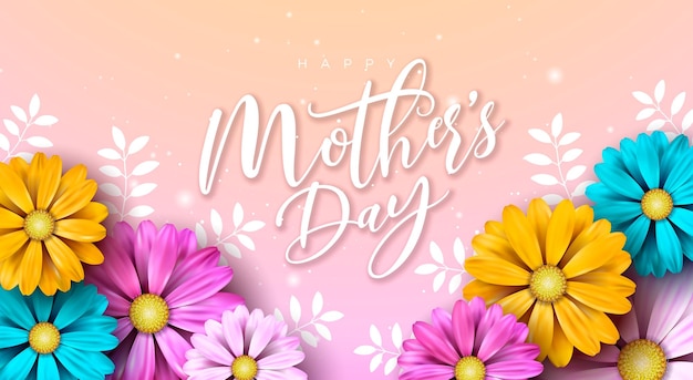 春の花とピンクの背景のタイポグラフィー文字の母の日バナー 母の日おめでとう