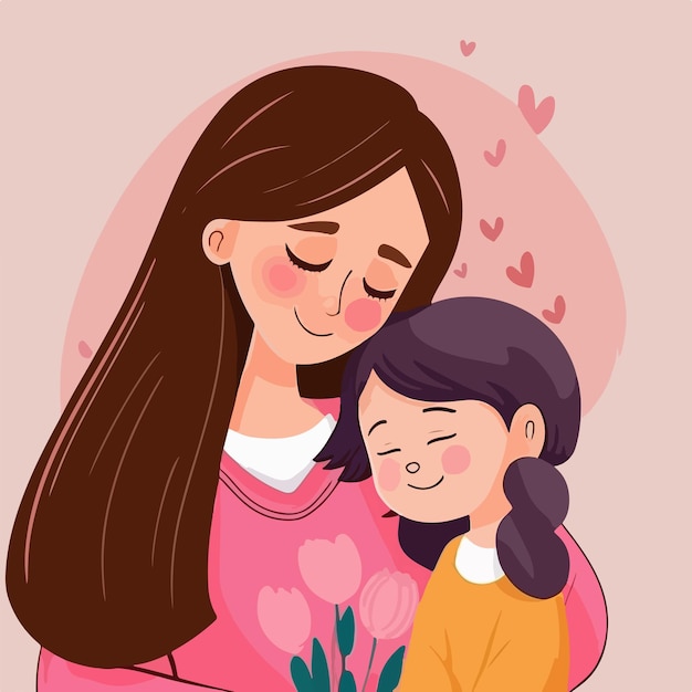 Mother day cartoon illustration Mother hugging her daughter