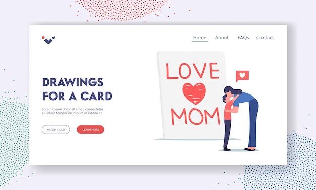 Mother Day Celebration Landing Page Template. Son Embrace and Kiss Mother front of Huge Handmade Greeting Card with Love Mom Inscription, Loving Family Characters. Cartoon People Vector Illustration