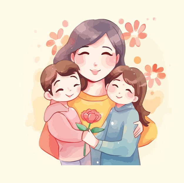 Vector mother day happy asian vieren hand getrokken aquarel illustratie