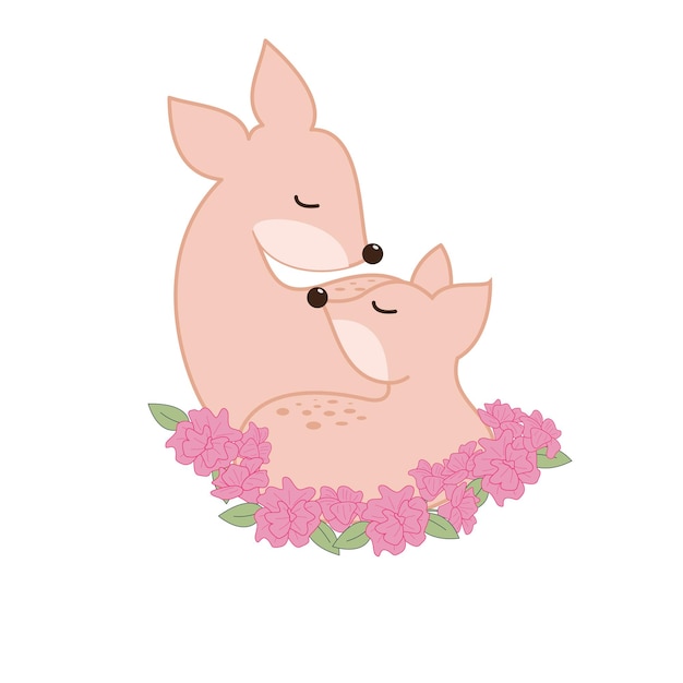 Vector mother deer and young deer and carnation flowers