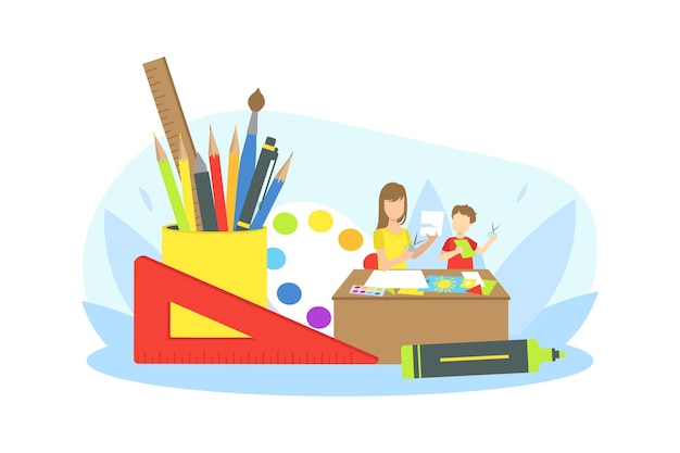 Mother Doing Craft with Her Son at Home Mother Helping her Child with Homework Vector Illustration