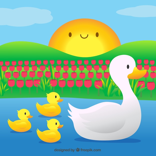 Vector mother duck with her little songs