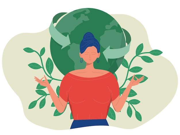 ベクトル マザー・アース・デーのコンセプト 瞑想と自然を守る女性