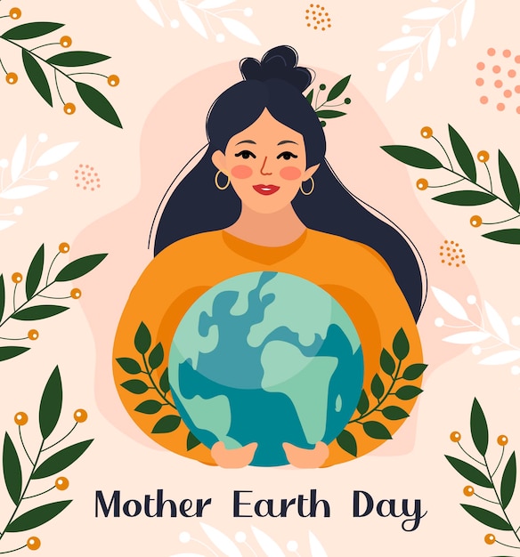 Mother earth day. the girl holds the globe the planet in her hands. caring for nature concept. vector illustration.