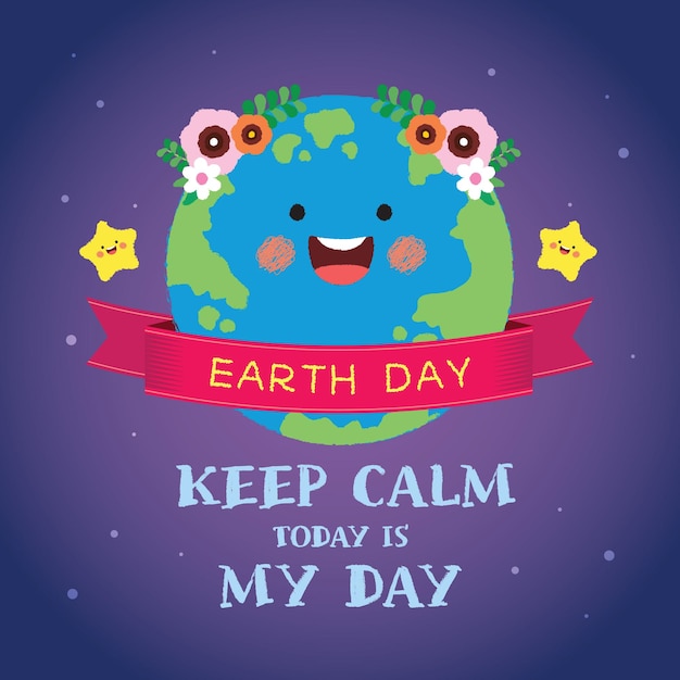 Vector mother earth day greeting card cute cartoon earth globe with red ribbon on starry background