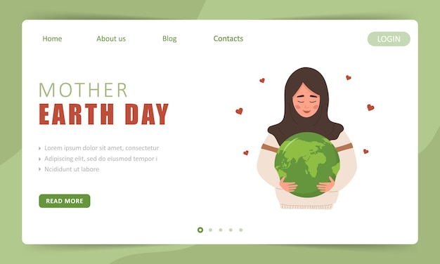 Mother Earth day landing page template Cute arabian girl expresses love to planet