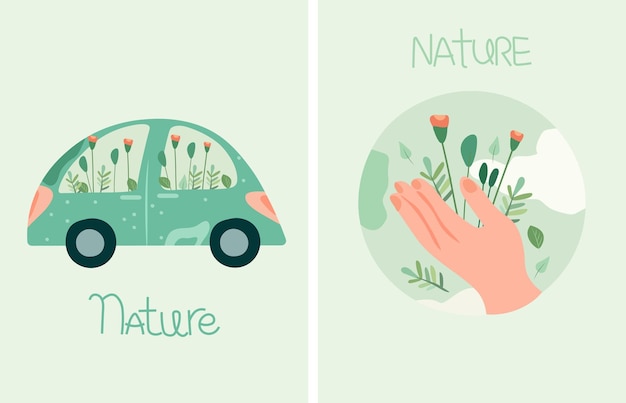 Mother earth hand embracing our green planet and eco friendly vehicleEarth Day Vector