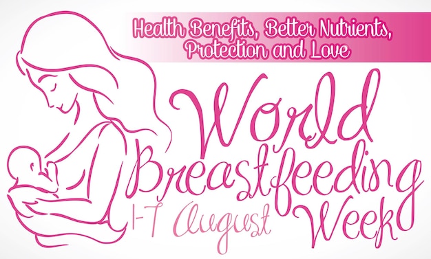 Mother embracing her baby and feeding him in outlines for Breastfeeding Week in August