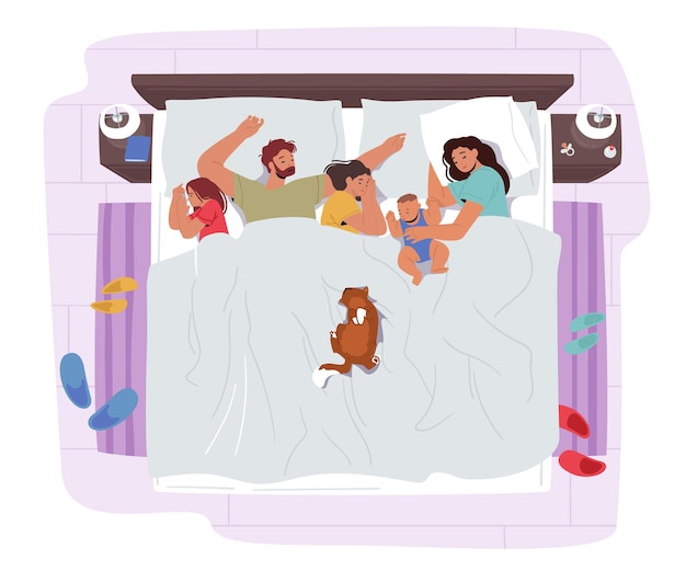 Vector mother, father, children and cat characters sleep together on one bed. mom, dad and kids embracing each other and slumbering at night. happy loving adorable family. cartoon people vector illustration
