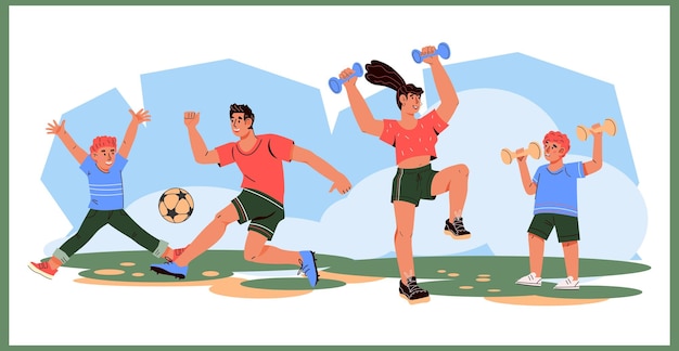 Vector mother father and children doing fitness together outdoors flat vector isolated