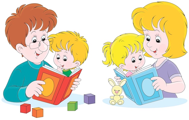 Мать, отец, дочь и сын читают рассказы