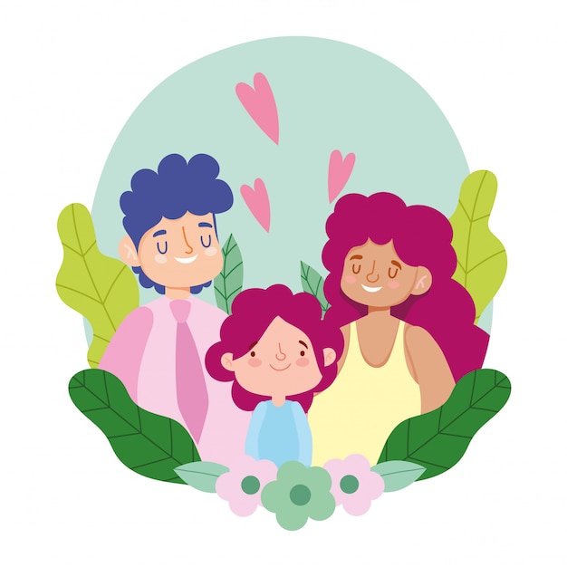 Mother father and daughter with leaves and flowers   design
