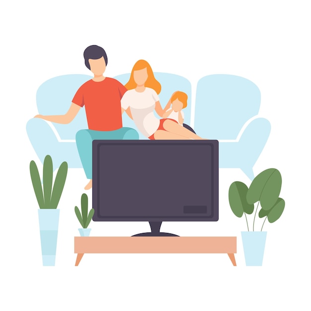 Vector mother father and sin sitting on sofa and watch movie family in everyday life at home vector illustration on white background