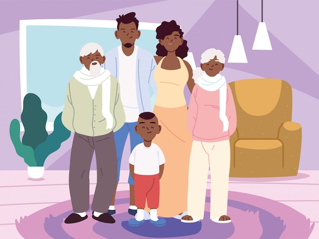 Mother father and son with grandparents cartoons in home room vector