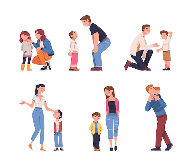 Mother and Father Talking to Their Child Supporting and Soothing Him Vector Set Young Parent Engaged in Conversation and Communication with His Kid Concept