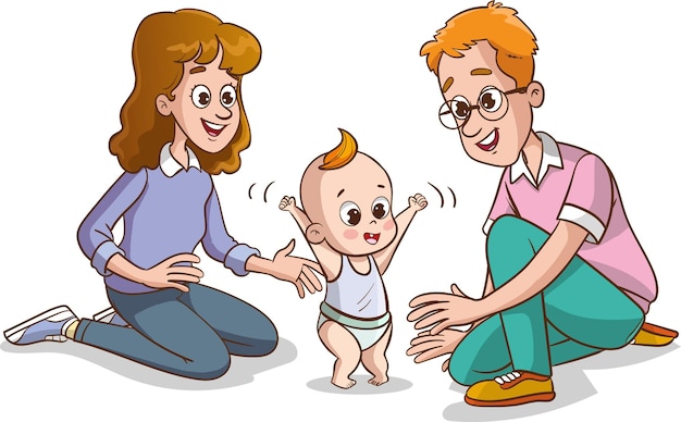 Mother and father trying to walk their babyVector illustration of a cartoon family