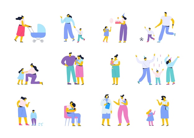 Mother and father with kid family parents flat vector collection