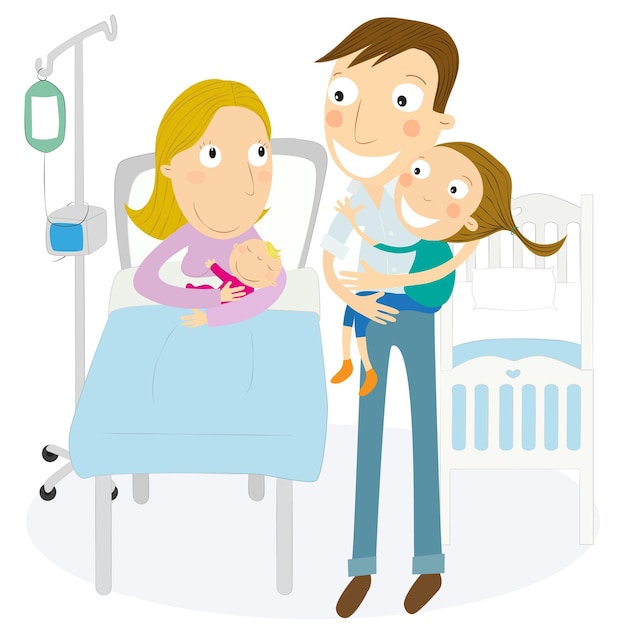 Mother and father with their newborn baby in the maternity ward vector illustration