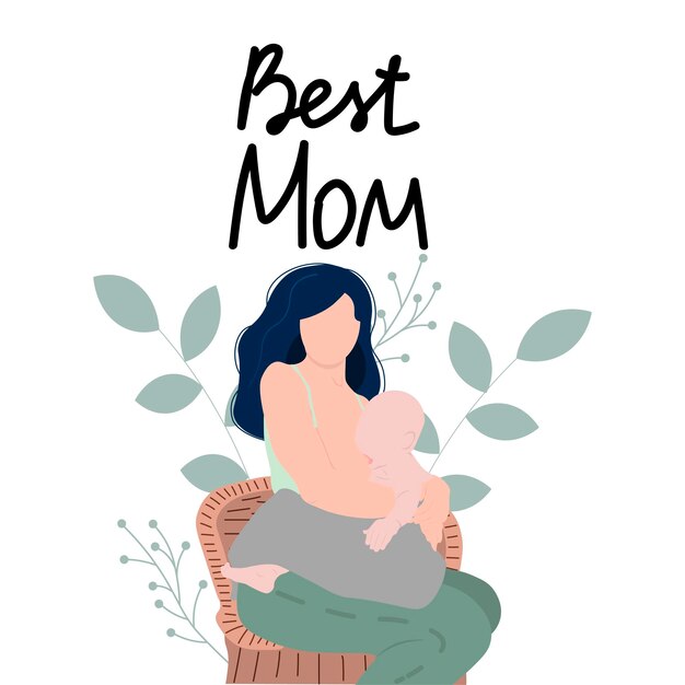 Mother feeding a baby breastfeeding illustration happy mother's day lettering perfect for card