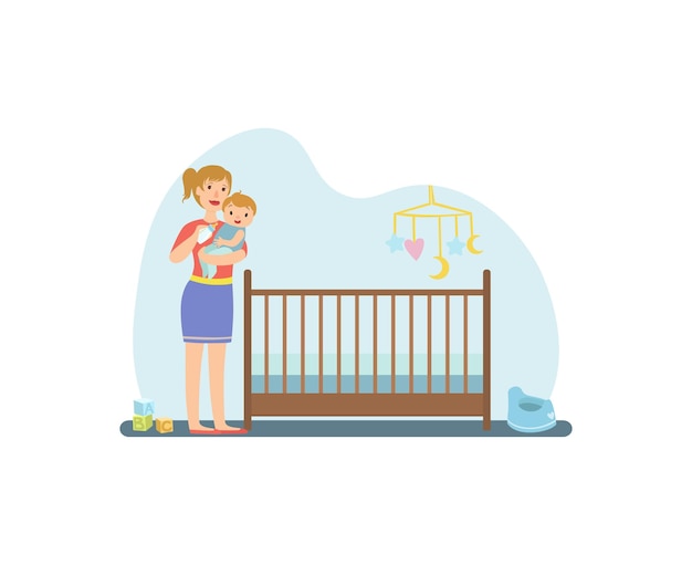 mother feeding her toddler baby with milk bottle nursery interior vector illustration