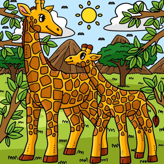 Mother Giraffe and Baby Giraffe Colored Cartoon