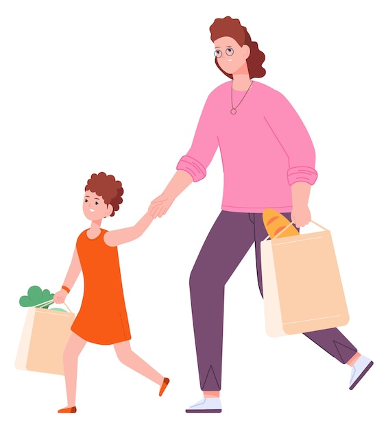 Vector mother and girl carrying groceries in paper bags shopping together