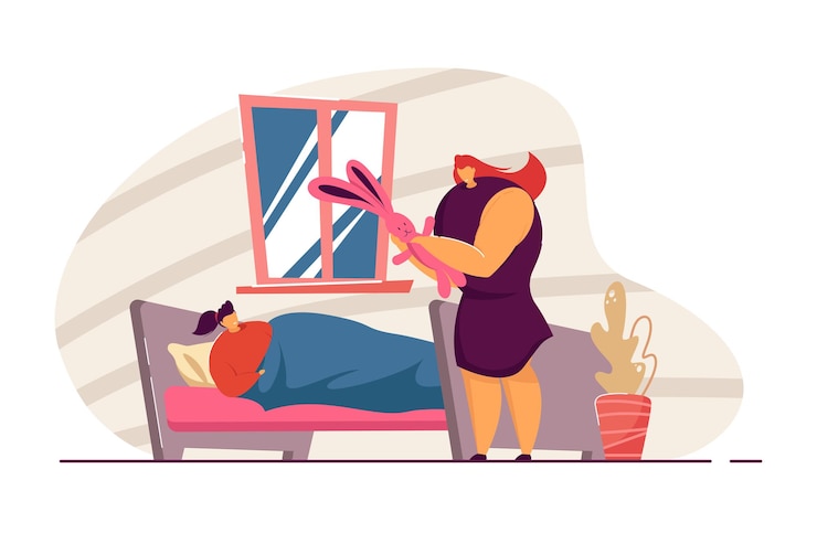 Vector mother giving bunny toy to her catching cold daughter. girl lying on sofa, enjoying gift flat vector illustration. present, parenthood, sickness concept for banner, website design or landing web page