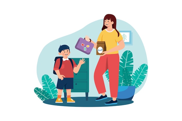 Vector mother giving lunchbox to her son illustration concept on white background