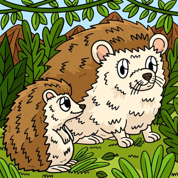 Mother Hedgehog and Hoglet Colored Cartoon