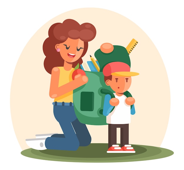 Mother helps her child preparing school bag. Cartoon flat style 