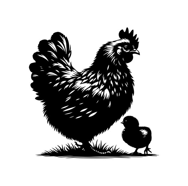 Mother hen with her chicks silhouette vector