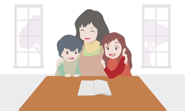 Vector mother and her children together reading a book happily