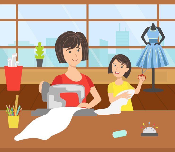 वेक्टर mother and her daughter sewing together loving mom and her child in everyday life at home vector illustration