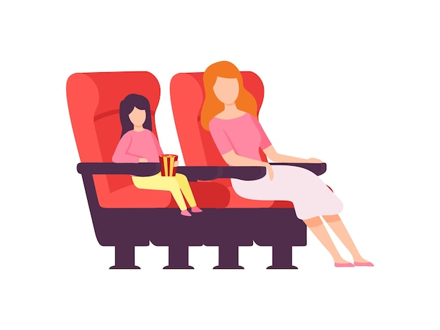 Mother and her daughter sitting in cinema theatre and watching movie vector illustration on white background