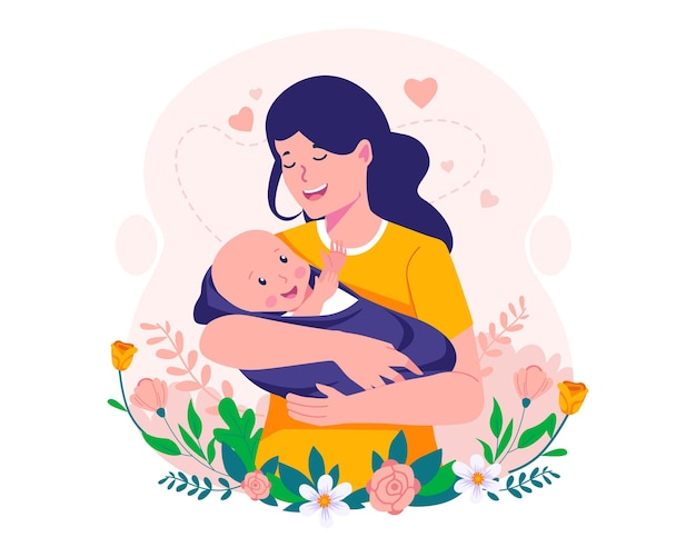 Mother holding baby in arms happy mother's day illustration