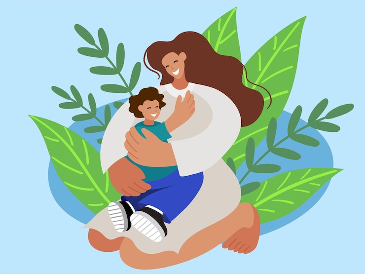 Vector mother holding baby son in arms