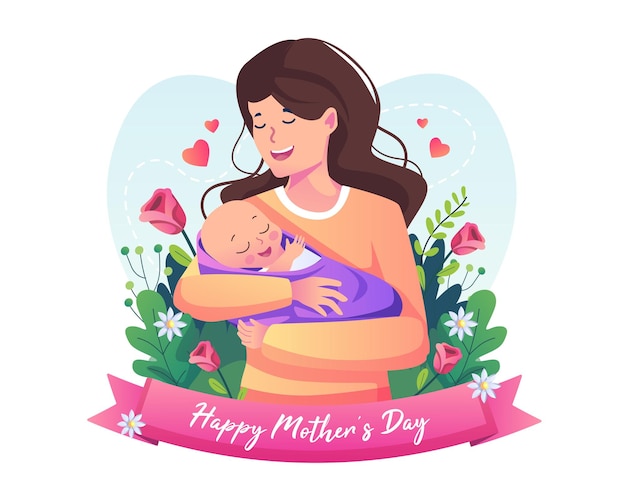 Mother holding a baby with a lot of love happy mother's day illustration