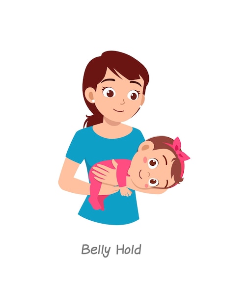 Mother holding baby with pose named belly hold