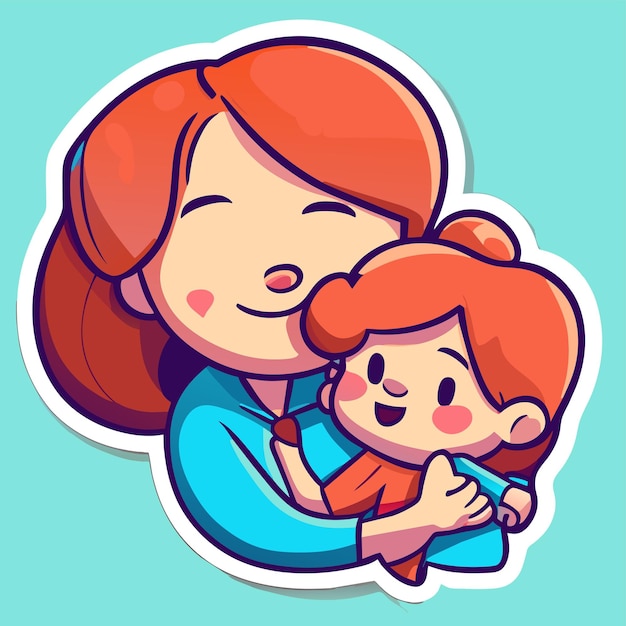 Mother holding a child hand drawn flat stylish cartoon sticker icon concept isolated illustration