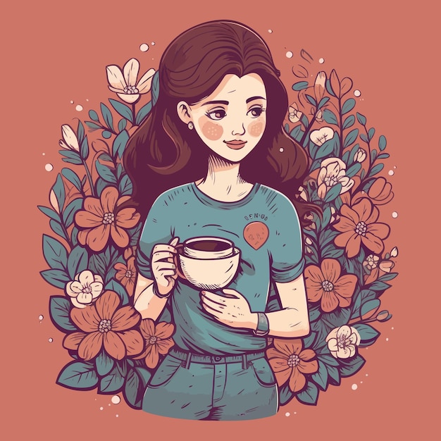 Madre che tiene la tazza di caffè tra l'illustrazione piana del fumetto dei fiori