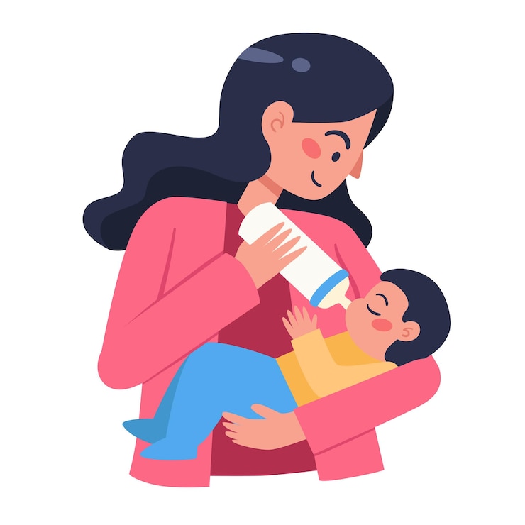Mother holding and feeding baby from milk bottle