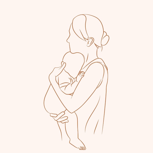 mother holding her baby in line art style