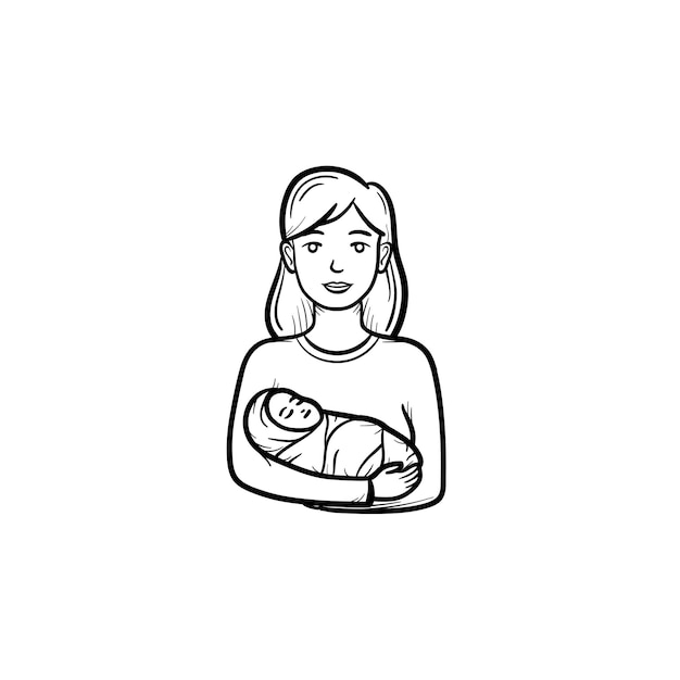 Una madre che tiene l'icona di doodle del contorno disegnato a mano del bambino fasciato. l'infante del neonato nelle mani della madre vector l'illustrazione di schizzo per la stampa, il web, il mobile e l'infografica isolati su priorità bassa bianca.