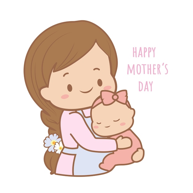 Mother Hug Baby Girl Cute Handdrawn Vector