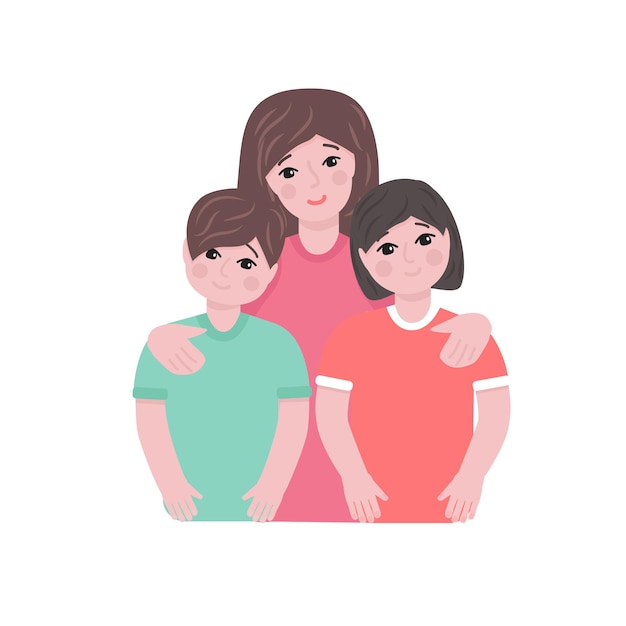 Vector mother hugginf son and daughter happy family on a white background