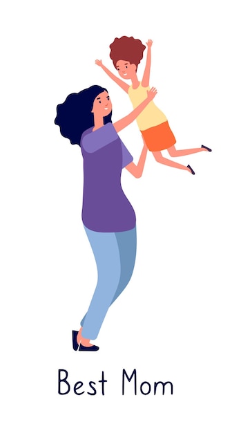 Vector mother hugging daughter. beautiful mom play with child. woman and girl, motherhood and caring. family relationship  illustration. mother parenting, happy family together, daughter and motherhood