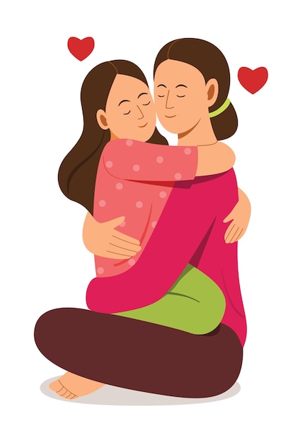 Vector mother hugging daughter