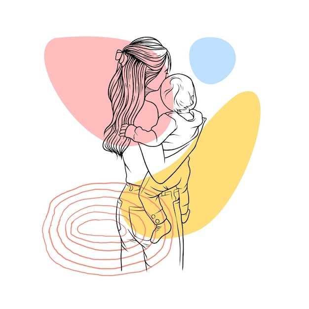 Vector mother hugging her child in line art style