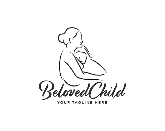 A mother hugging her daughter line style logo. child care logo design template